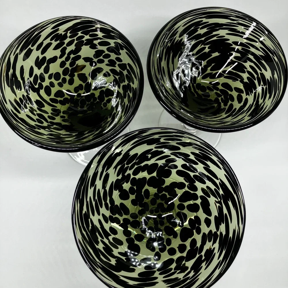 Pier 1 Hand Blown Martini Glasses Green Black Swirl Leopard Tortoise Set of 3